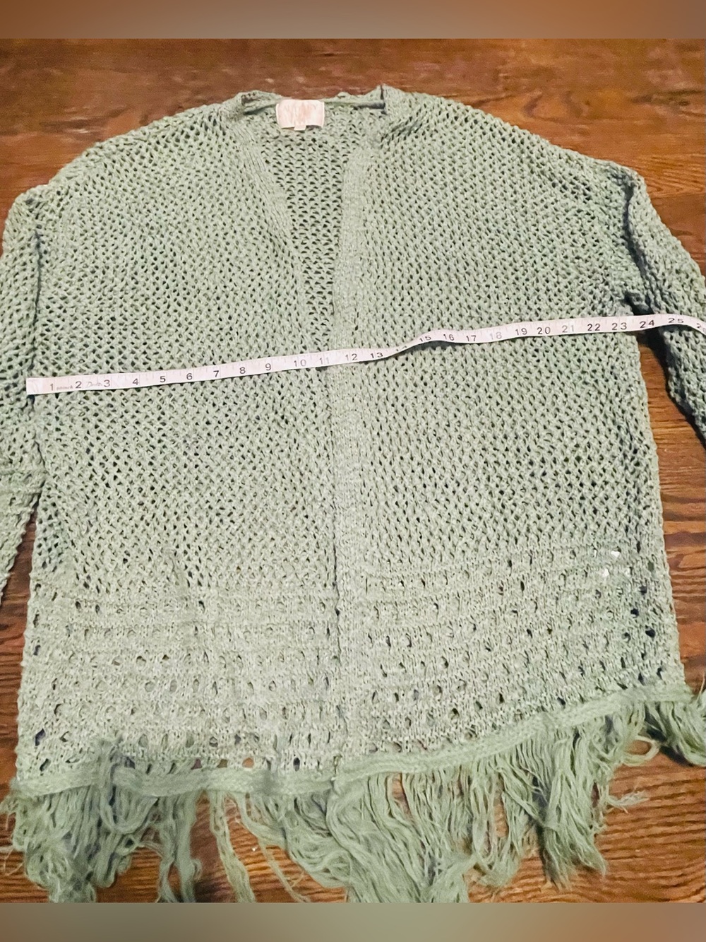 Audrey parks boho Lightweight Olive Green Crochet Fringe Cardigan Sweater L - Picture 8 of 14